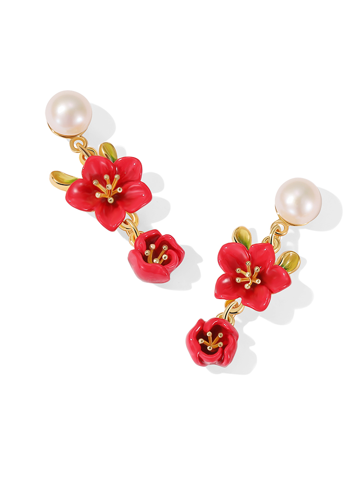 Red Flower And Pearl Enamel Dangle Stud Earrings Jewelry Gift3