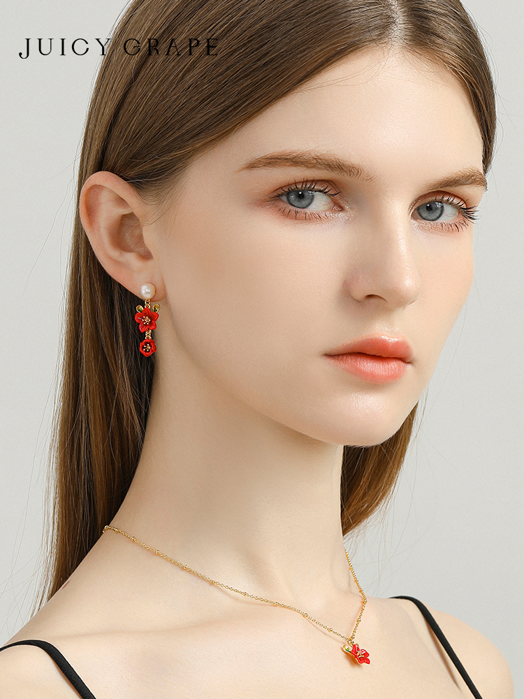 Red Flower And Pearl Enamel Dangle Stud Earrings Jewelry Gift4