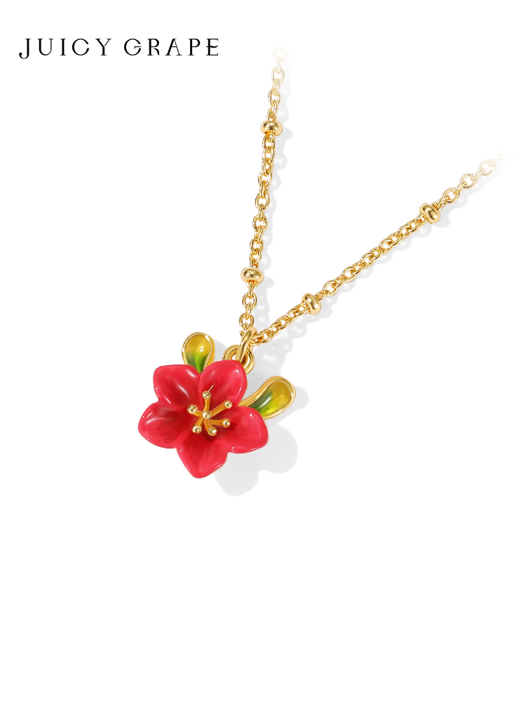 Red Flower Enamel Pendant Necklace Jewelry Gift