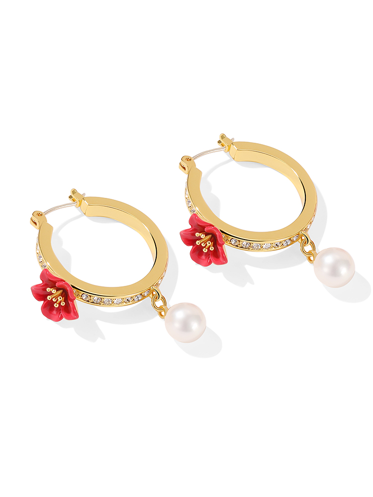 Red Flower And Pearl Enamel Hoop Dangle Stud Earrings Jewelry Gift2