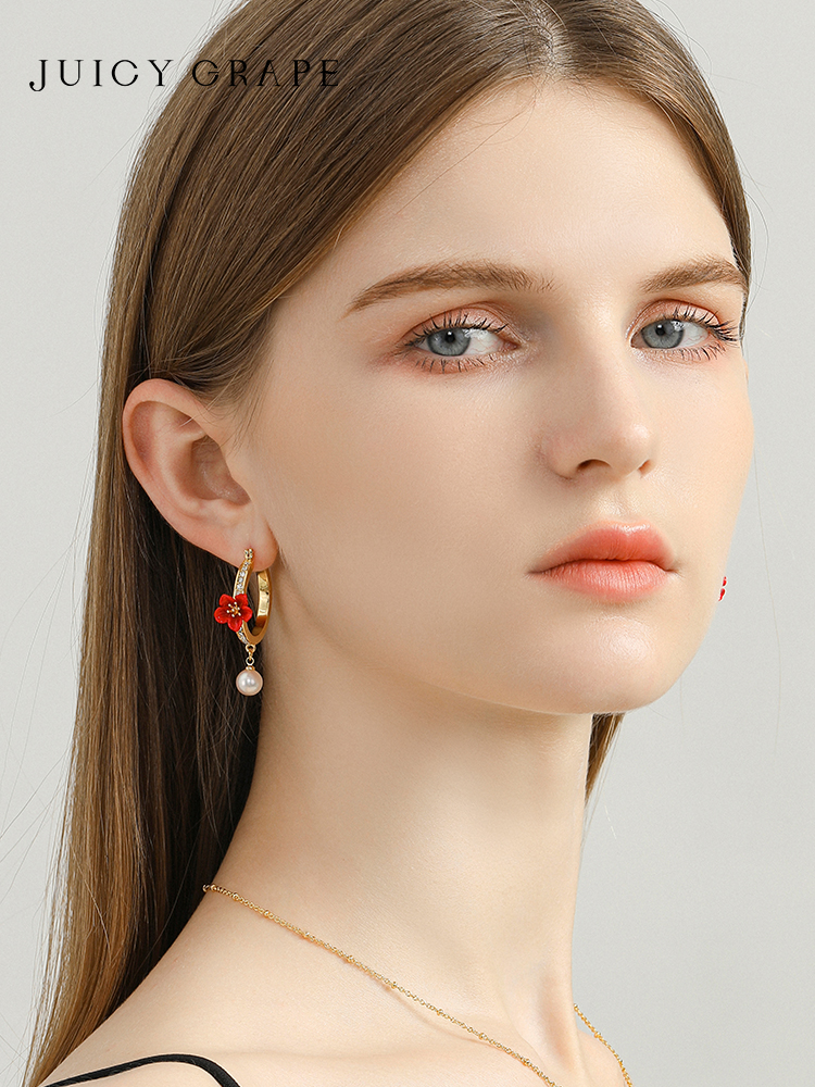 Red Flower And Pearl Enamel Hoop Dangle Stud Earrings Jewelry Gift3