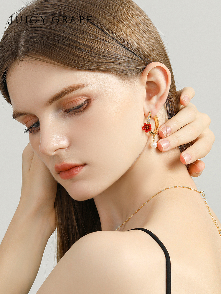 Red Flower And Pearl Enamel Hoop Dangle Stud Earrings Jewelry Gift4