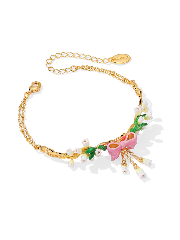 Pink Bow And Lily Flower Enamel Bangle Chain Bracelet Jewelry Gift2