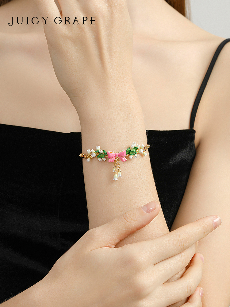 Pink Bow And Lily Flower Enamel Bangle Chain Bracelet Jewelry Gift4