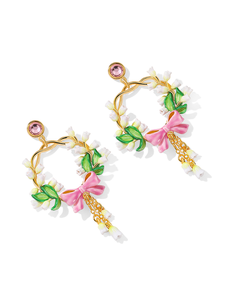Pink Bow And Lily Flower Tassel Enamel Dangle Stud Earrings Jewelry Gift2