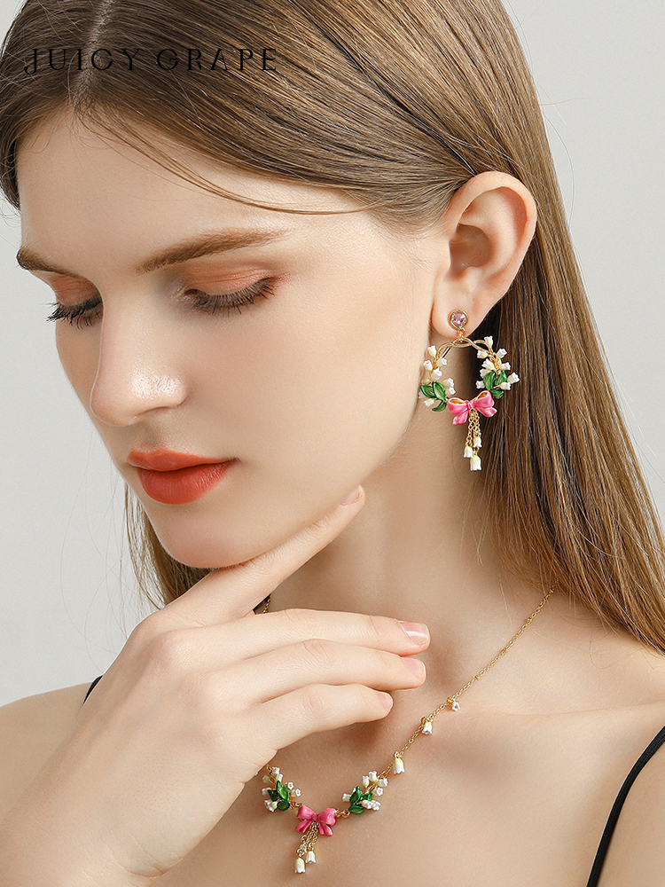 Pink Bow And Lily Flower Tassel Enamel Dangle Stud Earrings Jewelry Gift3