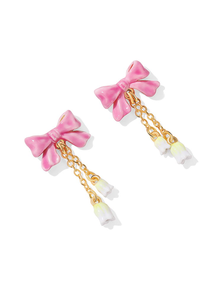 Pink Bow Tassel Enamel Dangle Stud Earrings Jewelry Gift2