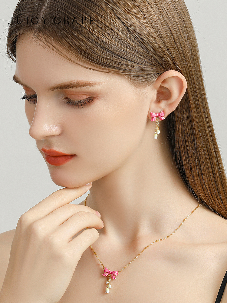 Pink Bow Tassel Enamel Dangle Stud Earrings Jewelry Gift3
