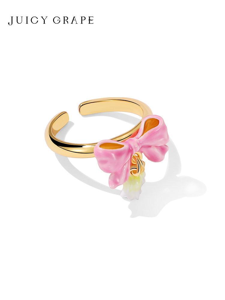 Pink Bow And Lily Flower Enamel Adjustable Ring Jewelry Gift1