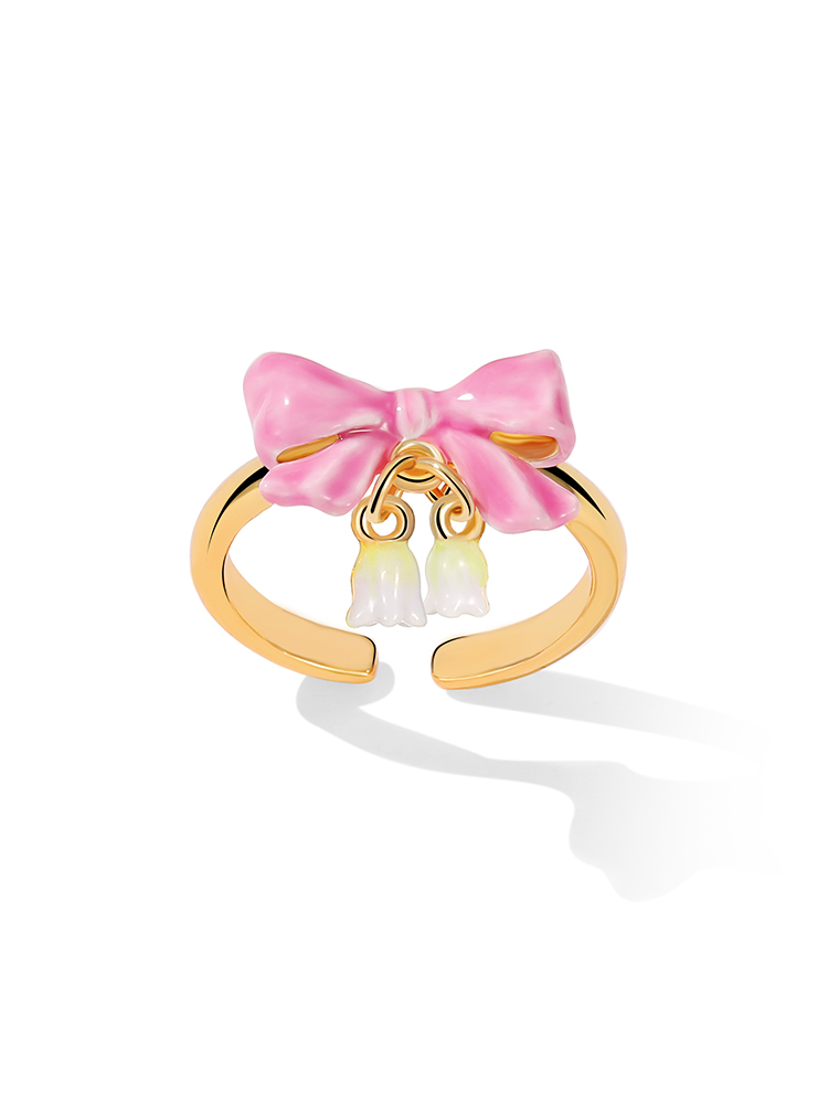 Pink Bow And Lily Flower Enamel Adjustable Ring Jewelry Gift2