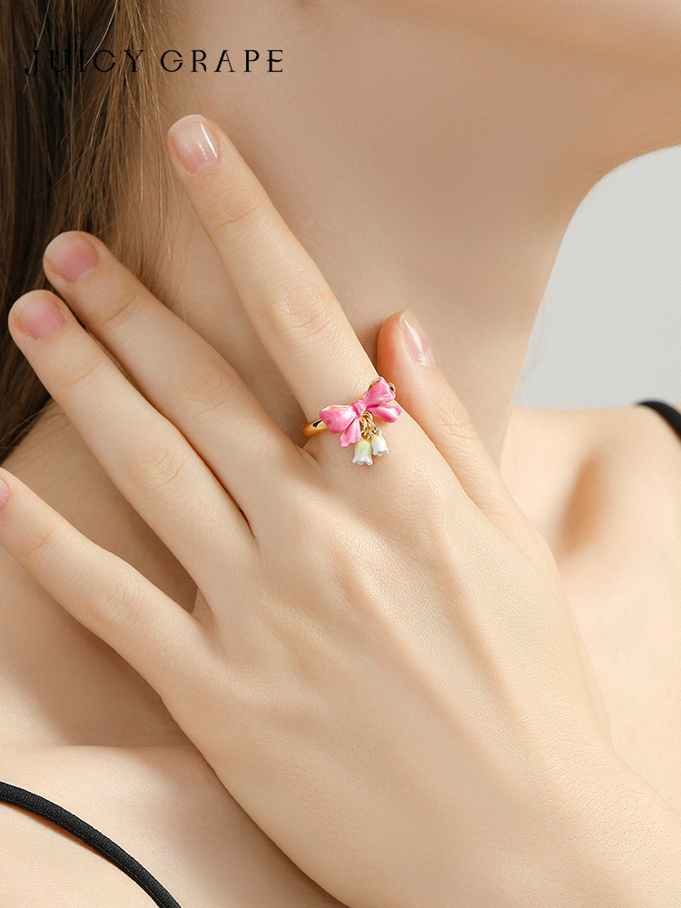 Pink Bow And Lily Flower Enamel Adjustable Ring Jewelry Gift3