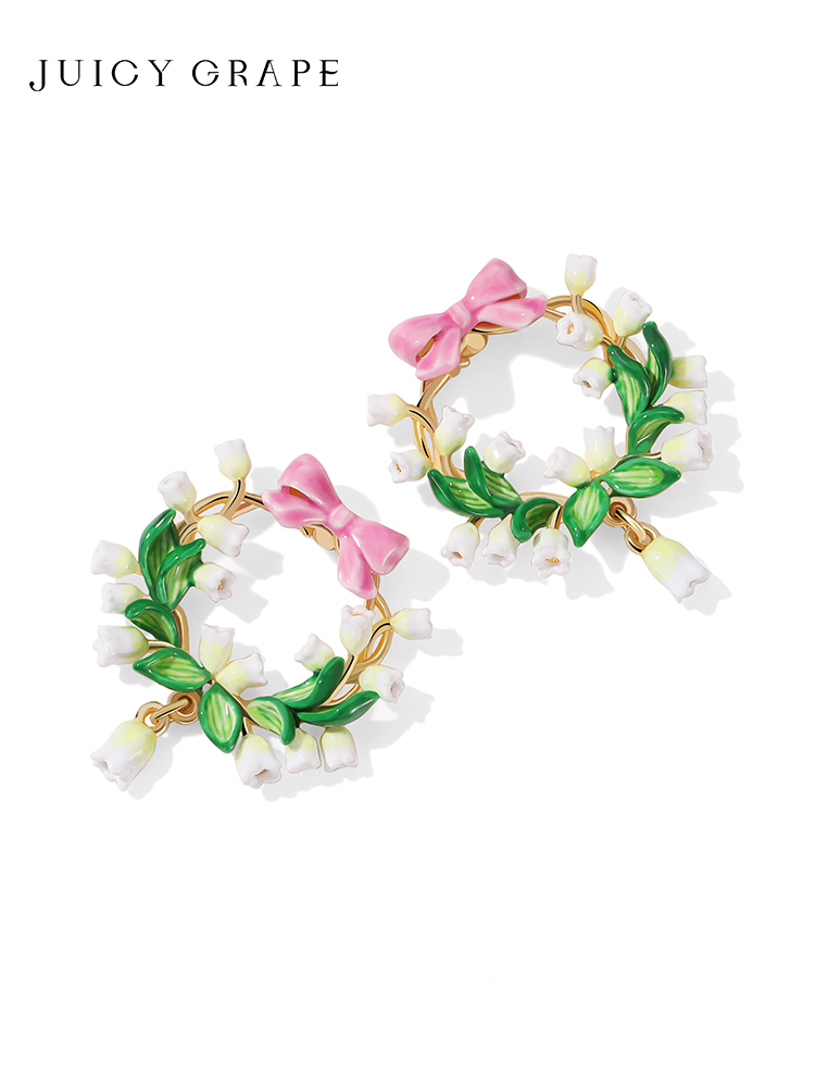 Pink Bow And Lily Flower Enamel Hoop Stud Earrings Jewelry Gift1
