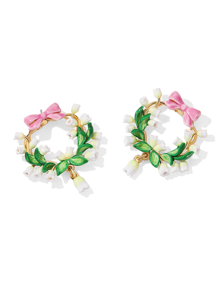 Pink Bow And Lily Flower Enamel Hoop Stud Earrings Jewelry Gift2