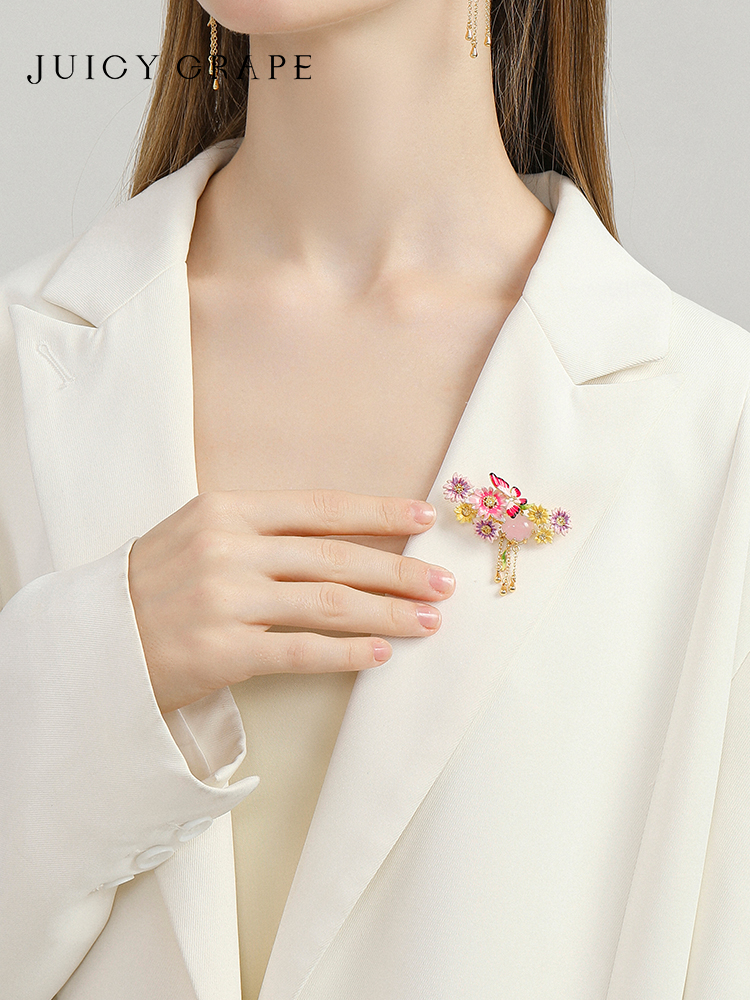 Pink Flower de Luce Irises And Stone Enamel Necklace