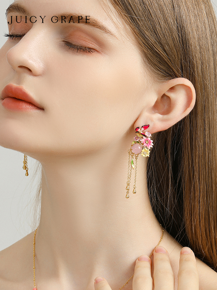 Pink Flower de Luce Irises And Stone Enamel Adjustable Ring