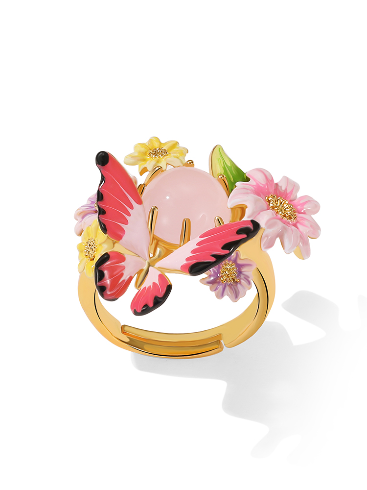 Flower Butterfly And Stone Enamel Adjustable Ring Jewelry Gift2