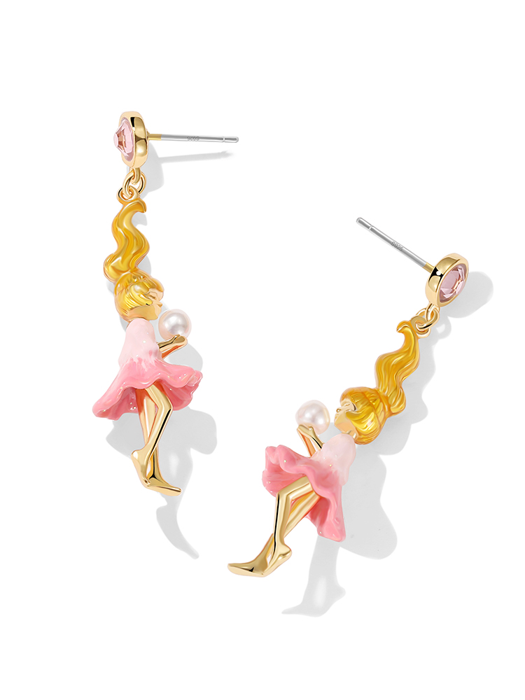 Fairy Girl With Pearl Enamel Dangle Stud Earrings Jewelry Gift2