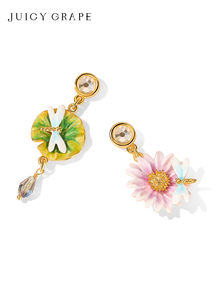 Lotus Flower And Dragonfly Enamel Asymmetrical Dangle Stud Earrings Jewelry Gift1