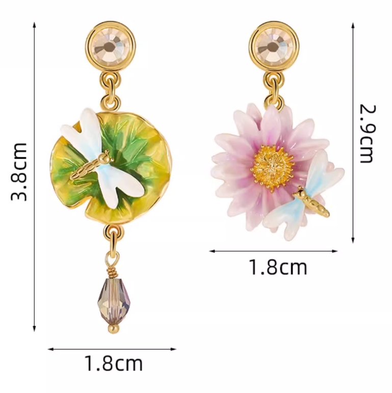 Lotus Flower And Dragonfly Enamel Asymmetrical Dangle Stud Earrings Jewelry Gift2