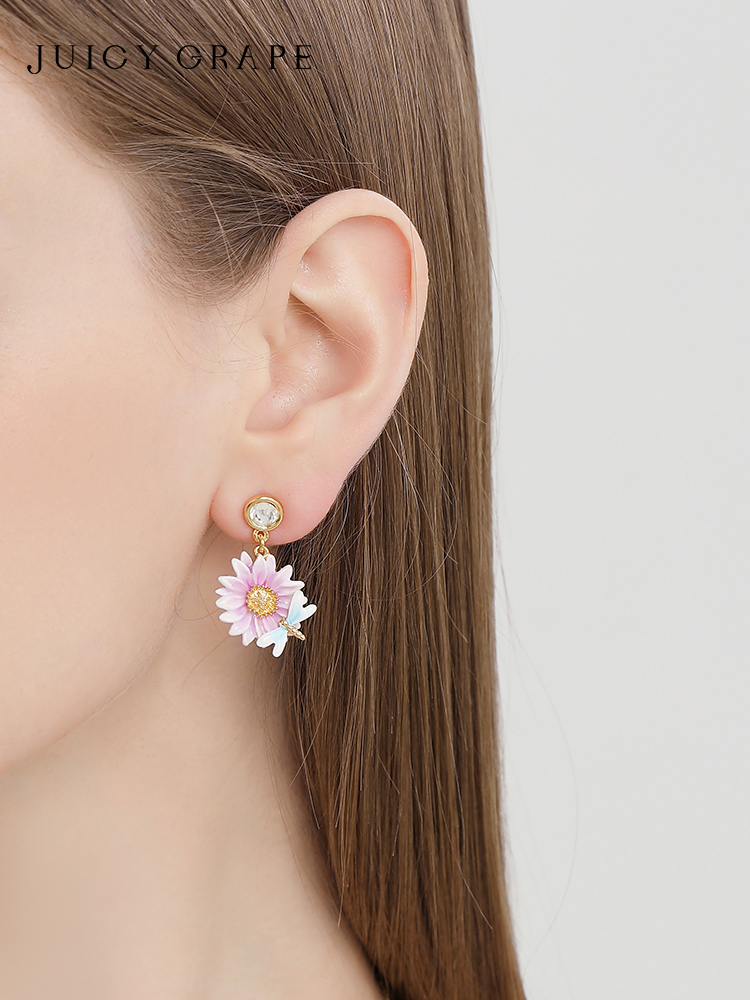 Lotus Flower And Dragonfly Enamel Asymmetrical Dangle Stud Earrings Jewelry Gift5