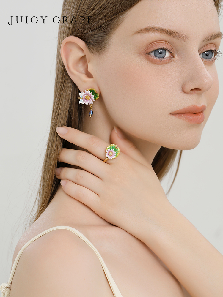 Flower Blossom And Crystal Enamel Adjustable Ring