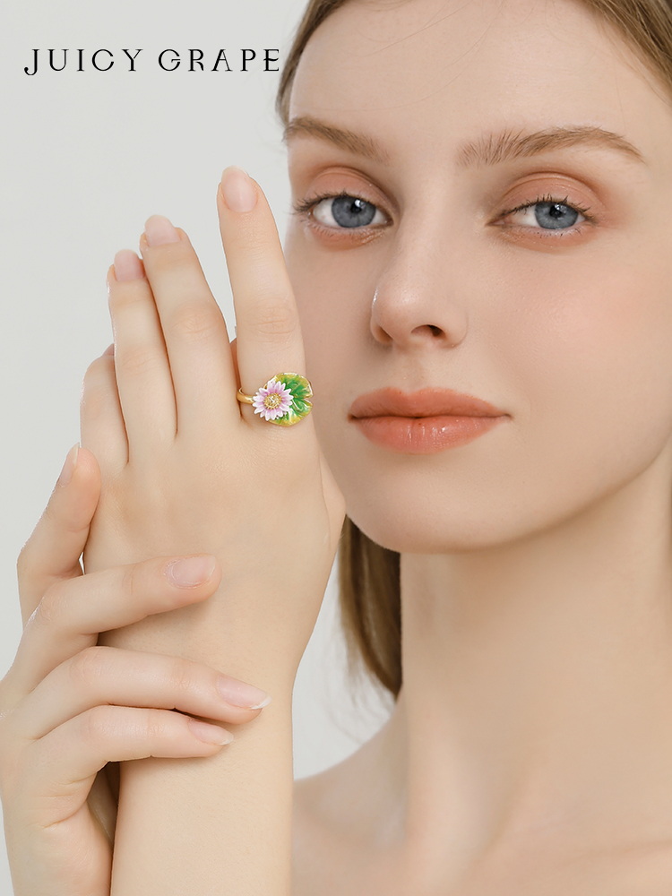 Flower Blossom And Crystal Enamel Adjustable Ring