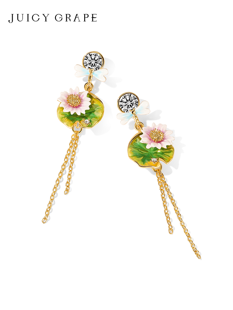 Lotus Flower And Dragonfly Enamel Dangle Stud Earrings Jewelry Gift1