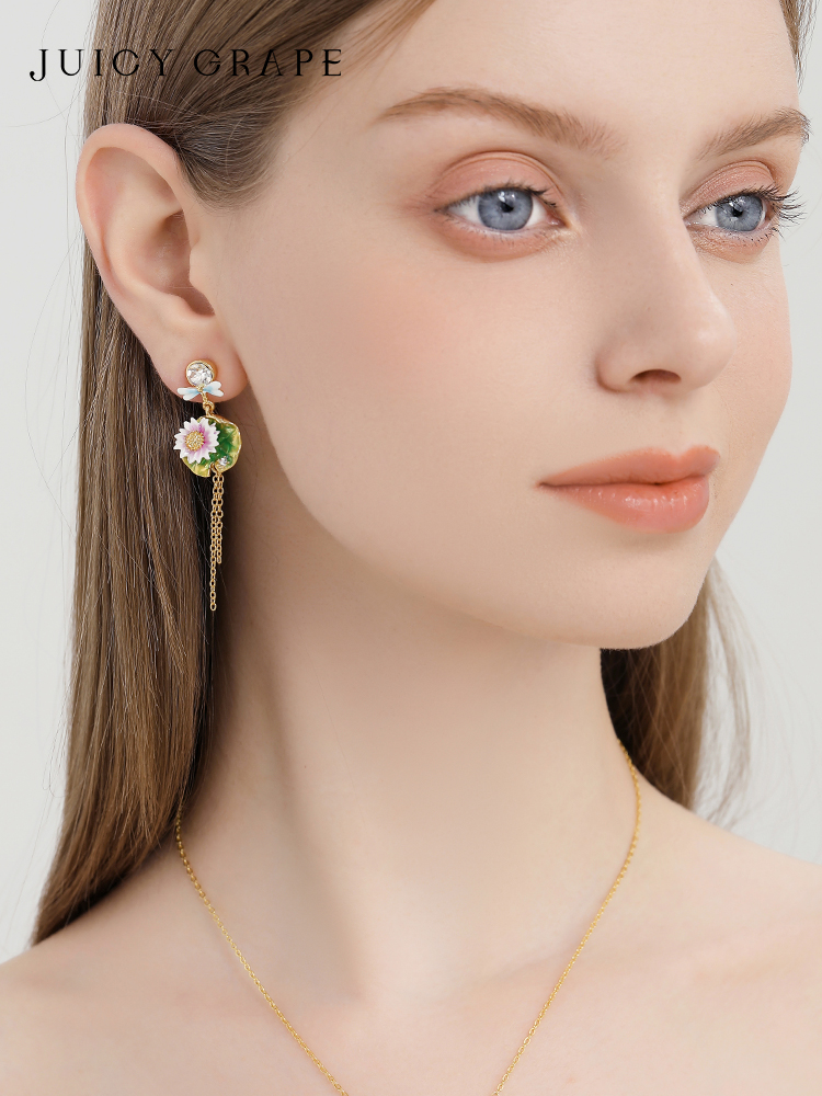 Lotus Flower And Dragonfly Enamel Dangle Stud Earrings Jewelry Gift3
