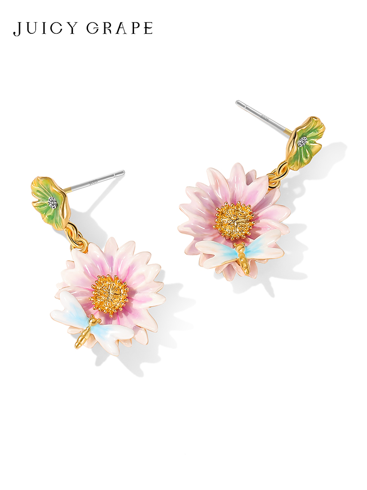 Lotus Flower And Dragonfly Enamel Dangle Stud Earrings Jewelry Gift2