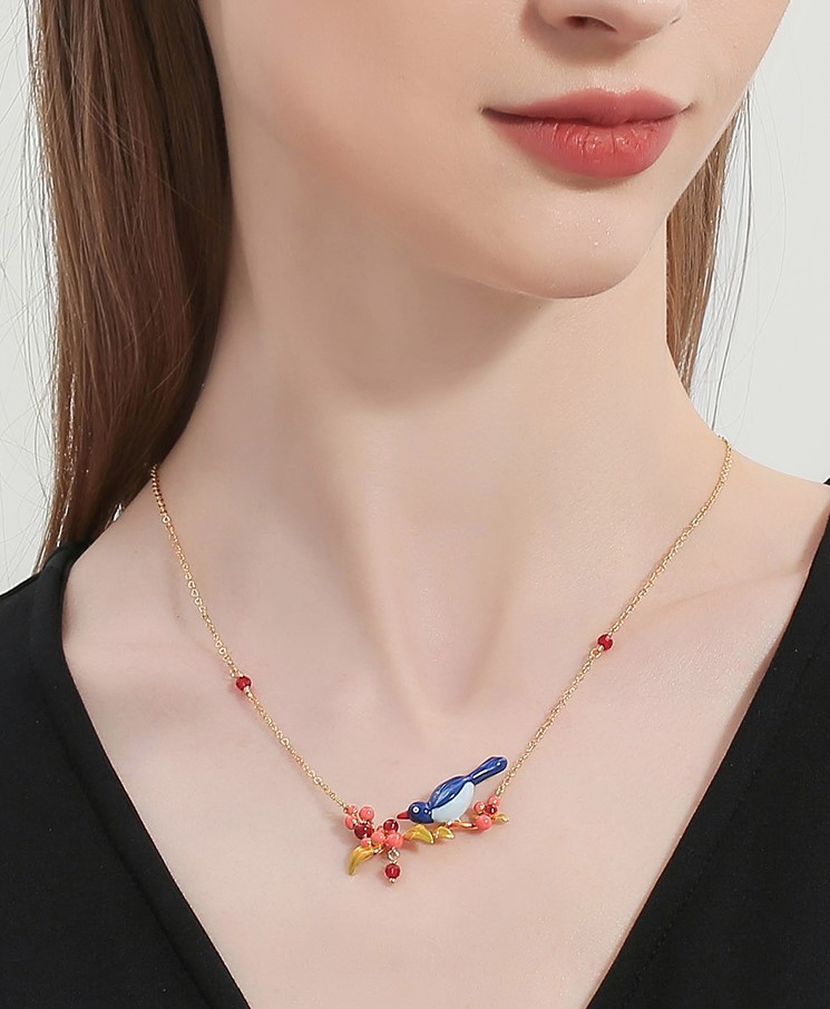 Bird On Cherry Branch Enamel Pendant Necklace Jewelry Gift3