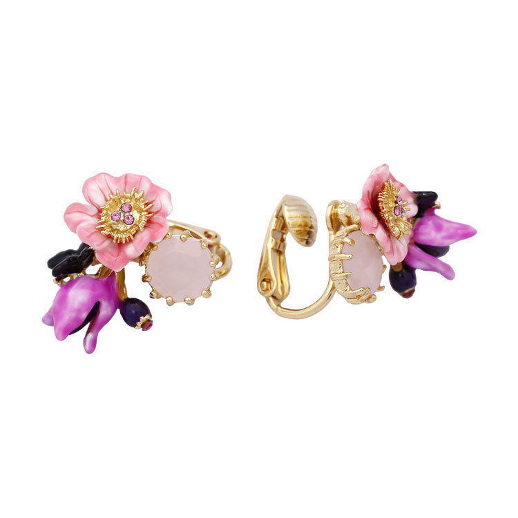Pink Purple Flower And Stone Enamel Earrings