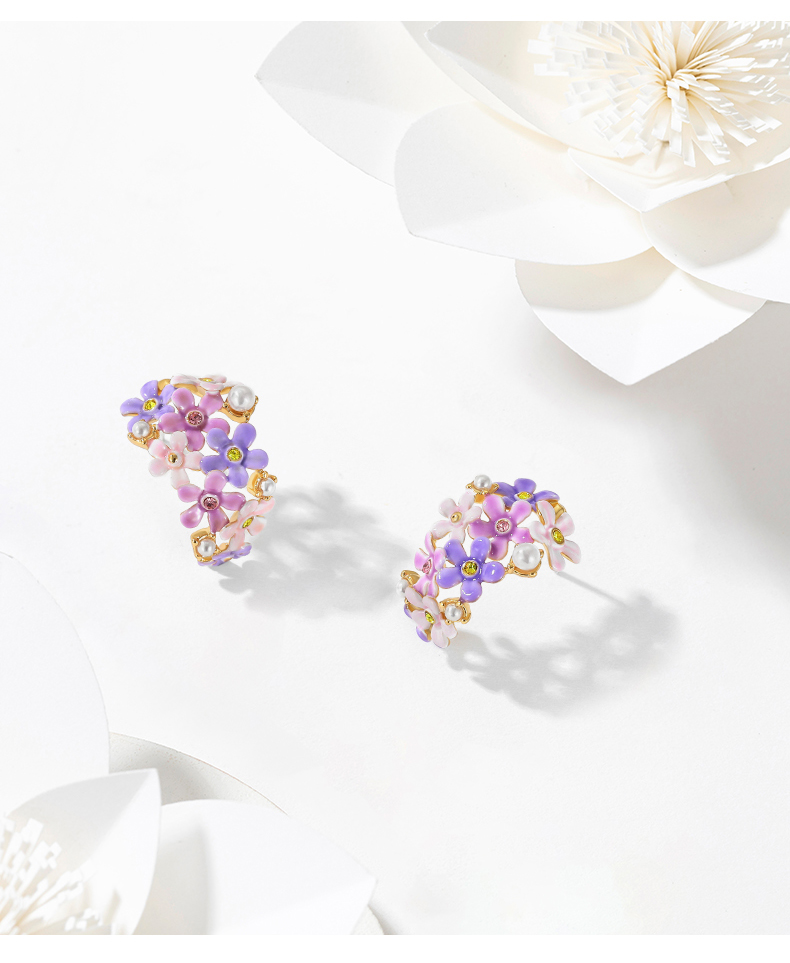 Lavender Purple Pink Flower And Crystal Pearl C Shape Enamel Stud Earrings Jewelry Gift2