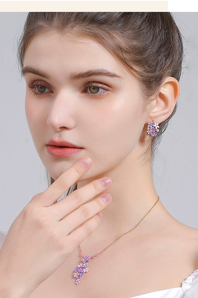 Lavender Purple Pink Flower And Crystal Pearl C Shape Enamel Stud Earrings Jewelry Gift3