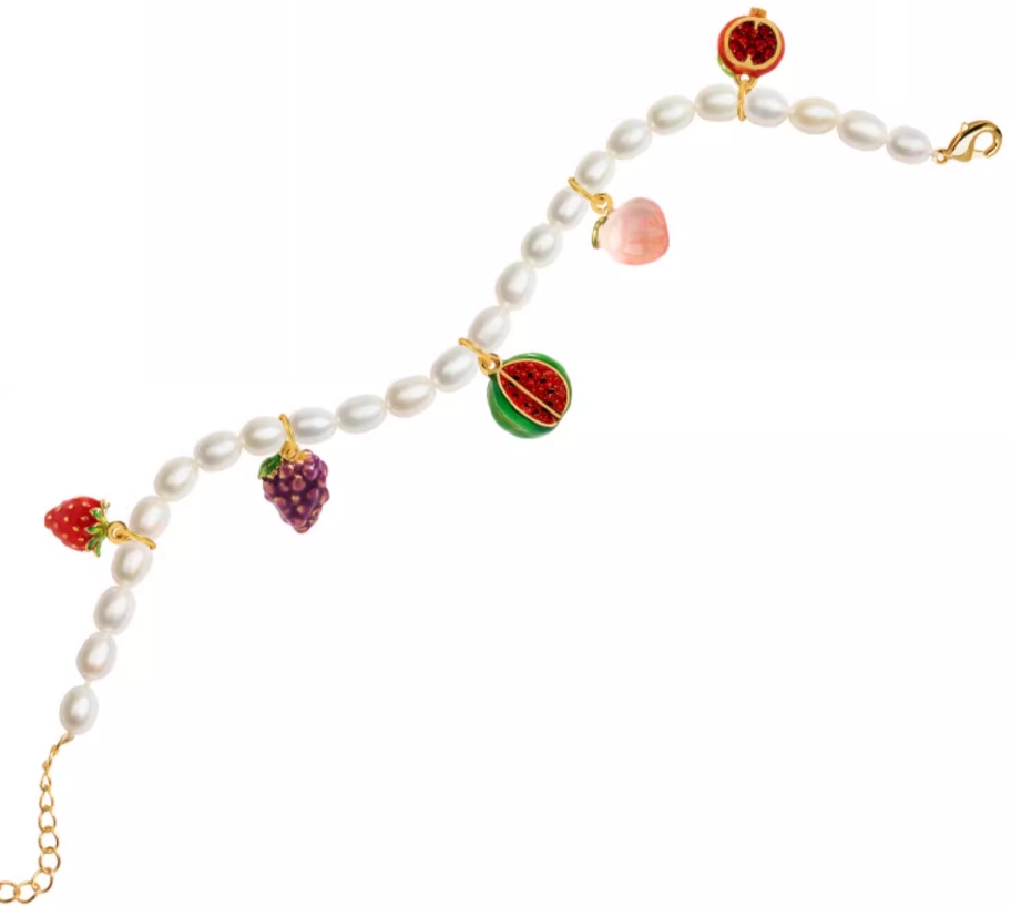 Enamel Fruit Strawberry Charm Pearl Strand Bracelet Jewelry Gift4