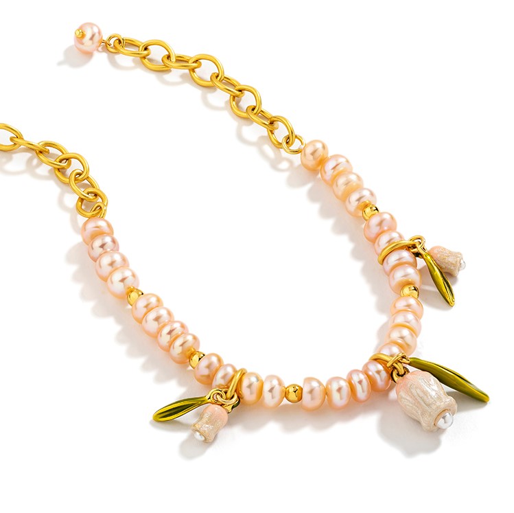 Lily Flower Pink Pearl Enamel Strand Bracelet Jewelry Gift1