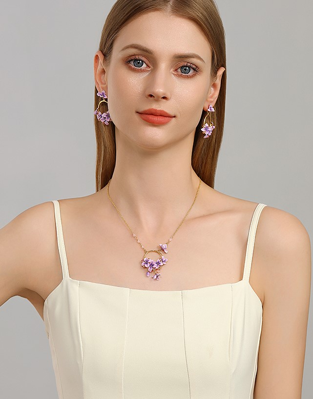 Purple Flower And Gem Enamel Pendant Necklace Handmade Jewelry Gift3