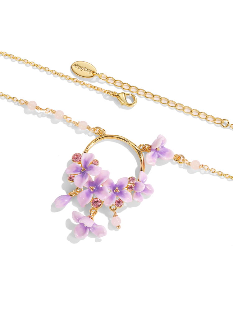 Purple Flower And Gem Enamel Pendant Necklace Handmade Jewelry Gift2