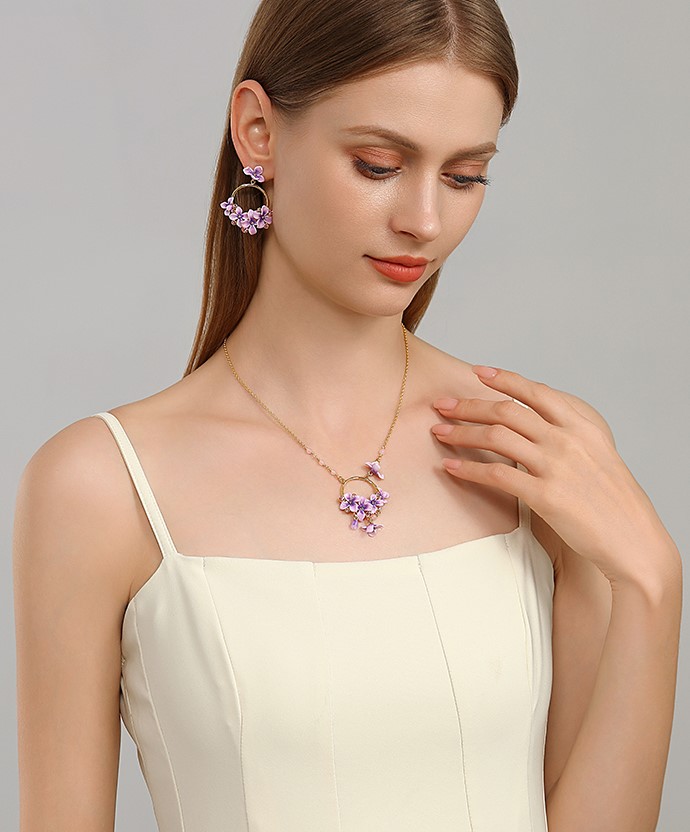 Purple Flower And Gem Enamel Pendant Necklace Handmade Jewelry Gift1
