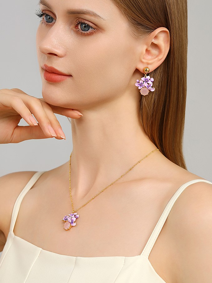 Purple Flower And Gem Enamel Dangle Earrings Handmade Jewelry Gift2