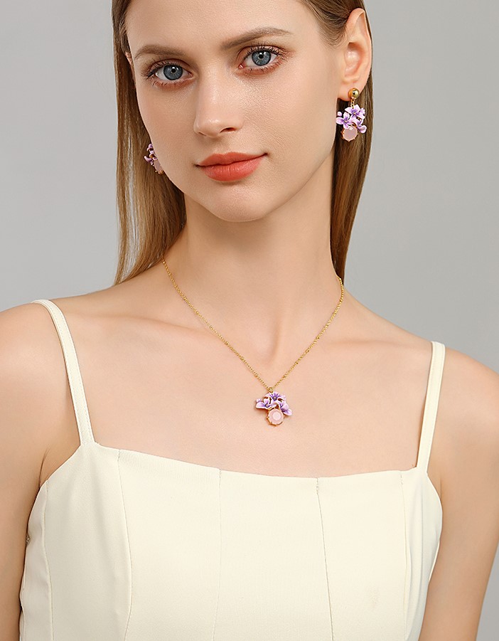 Blue Flower And Natural Pearl Enamel Pendant Necklace