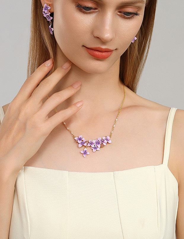 Purple Flower Branch Enamel Pendant Necklace Handmade Jewelry Gift3
