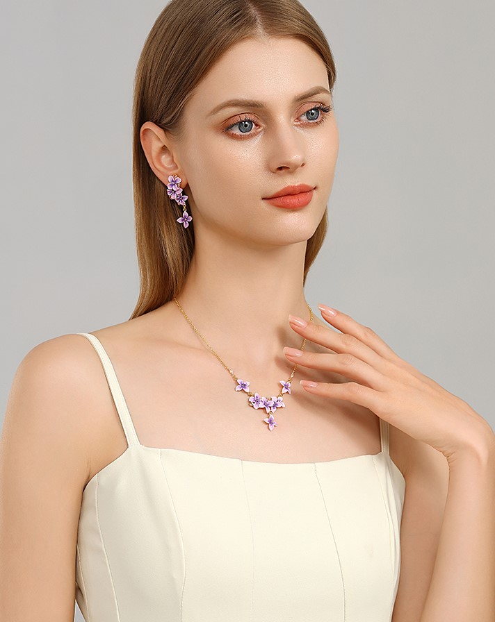 Purple Flower And Czech Gem Enamel Pendant Necklace Handmade Jewelry Gift1