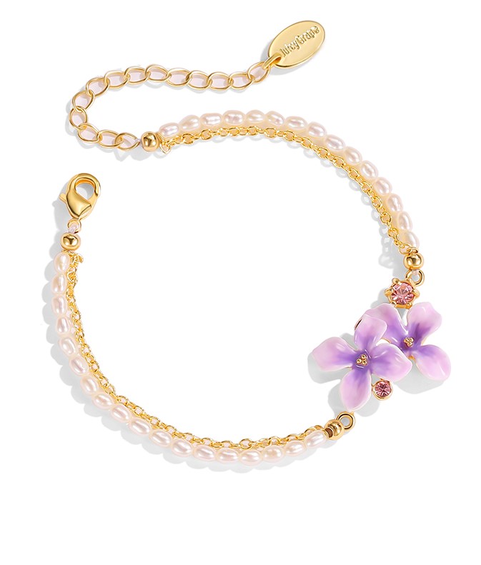 Purple Flower Enamel Thin Pearl Strand Bracelet Handmade Jewelry Gift1