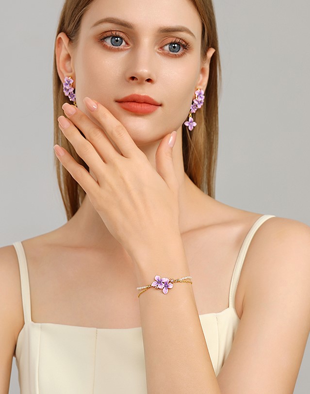 Purple Flower Enamel Thin Pearl Strand Bracelet Handmade Jewelry Gift4