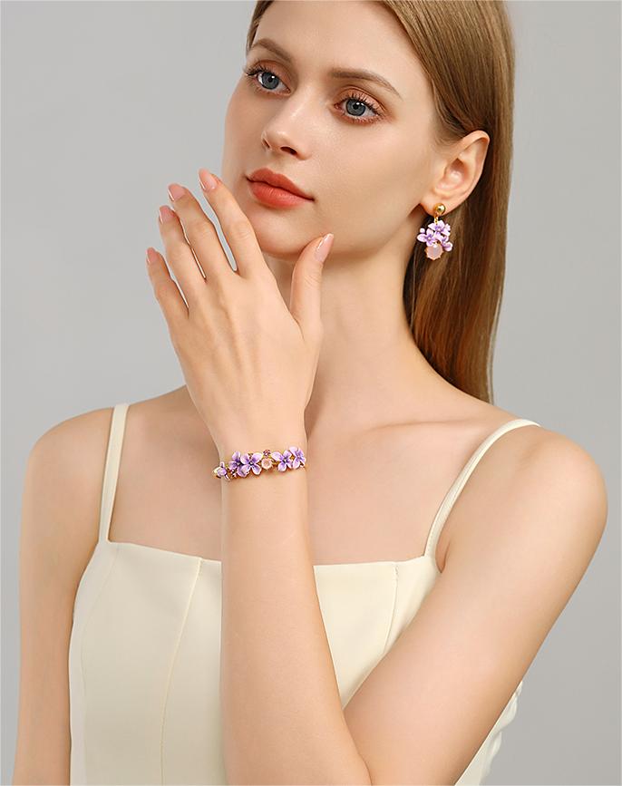 Purple Flower And Stone Enamel Cuff Bracelet Handmade Jewelry Gift2