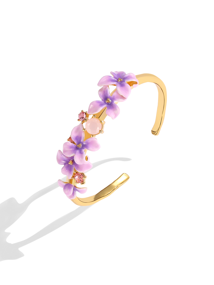 Purple Flower And Stone Enamel Cuff Bracelet Handmade Jewelry Gift1