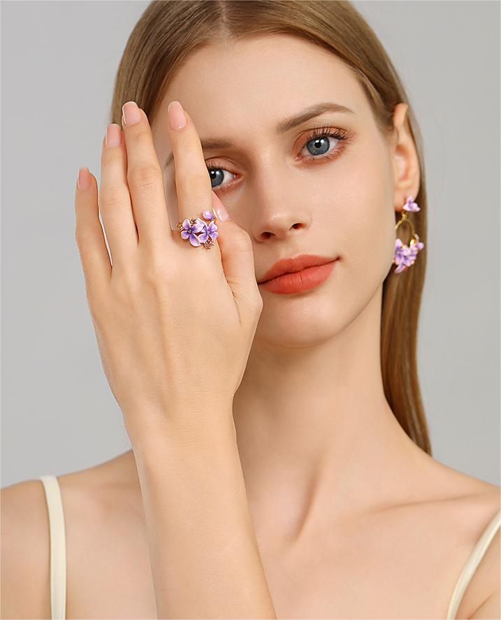 Purple Flower And Gem Enamel Adjustable Handmade Jewelry Gift2