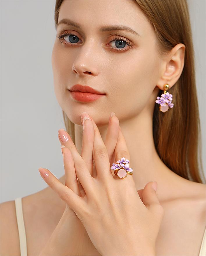Purple Flower And Stone Enamel Adjustable Handmade Jewelry Gift3