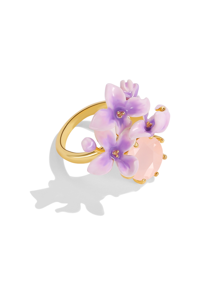 Lavender Purple Flower And Stone Enamel Dangle Earrings