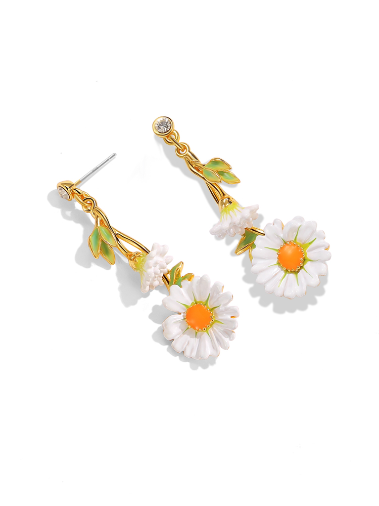 Flower And Crystal Enamel Stud Earrings